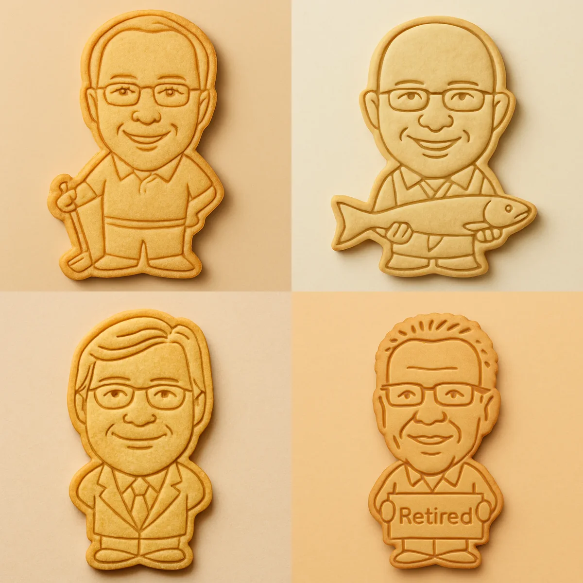 Four custom face cookies of older men in different Father's Day body types - Golfer, Fisherman, Suit and Tie, and Retired - showing the range of hand-designed options